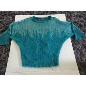 Jennifer Lopez XXL Dolman Sleeve Metallic Thread Faux Fur Teal Pullover Sweater